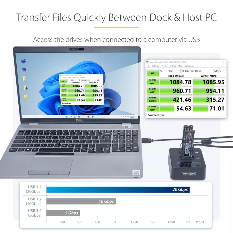 StarTech.com 1:1 M.2 NV Drive Duplicator, samodzielny kloner/kopiarka M.2 SSD do 90 GB/min, stacja dokująca z dwoma wnękami M.2 USB 3.2 20 Gb/s, w zestawie kable USB-C/A