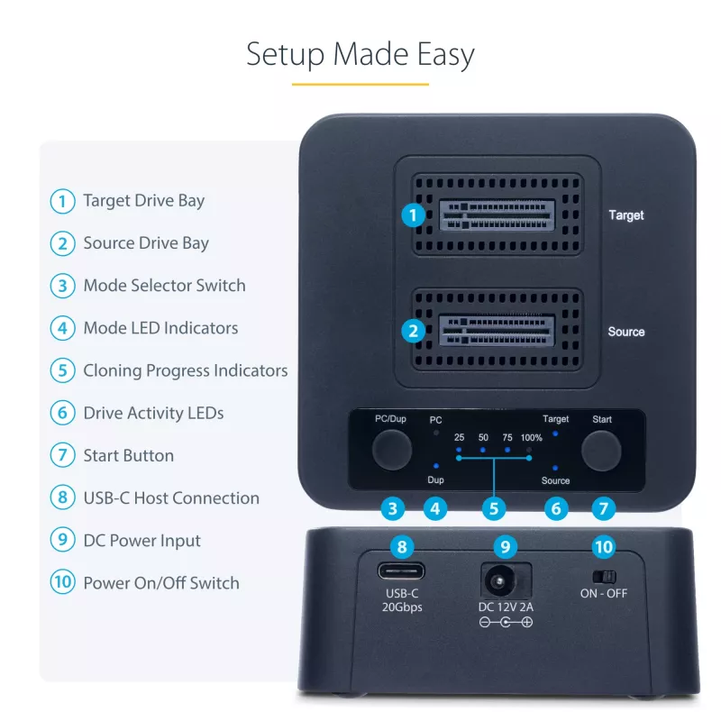 StarTech.com 1:1 M.2 NV Drive Duplicator, samodzielny kloner/kopiarka M.2 SSD do 90 GB/min, stacja dokująca z dwoma wnękami M.2 USB 3.2 20 Gb/s, w zestawie kable USB-C/A