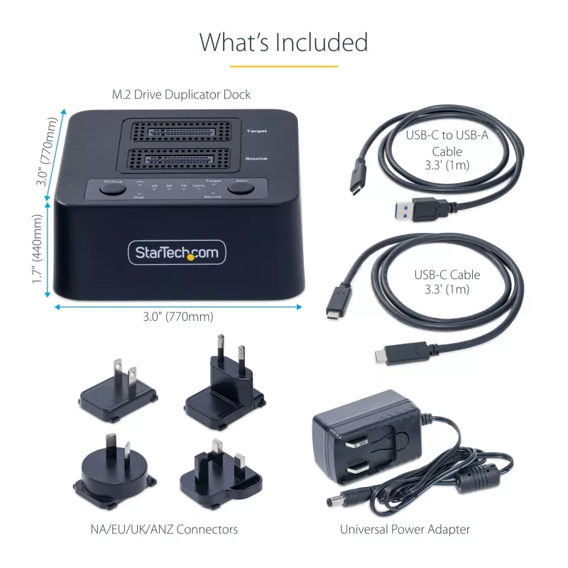 StarTech.com 1:1 M.2 NV Drive Duplicator, samodzielny kloner/kopiarka M.2 SSD do 90 GB/min, stacja dokująca z dwoma wnękami M.2 USB 3.2 20 Gb/s, w zestawie kable USB-C/A