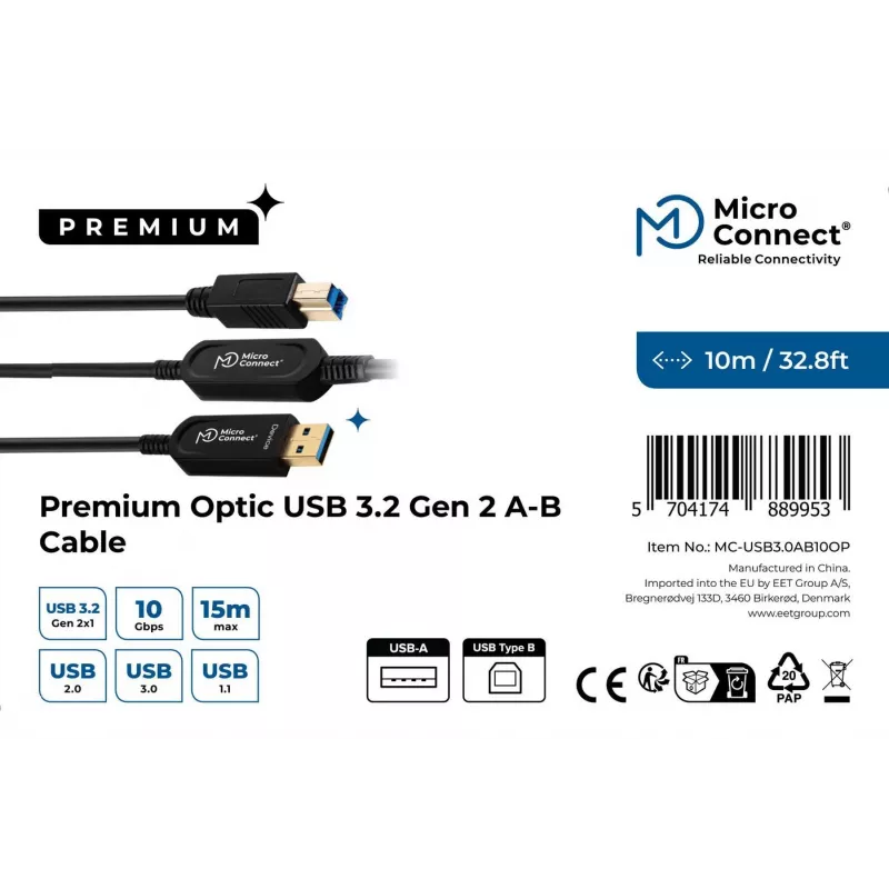 Kabel USB Microconnect MC-USB3.0AB10OP USB 3.2 Gen 2 (3.1 Gen 2) 10 m USB A USB B Czarny