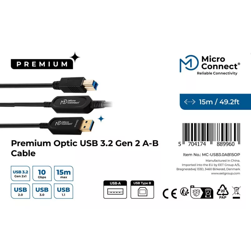 Microconnect MC-USB3.0AB15OP Kabel USB USB 3.2 Gen 2 (3.1 Gen 2) 15 m USB A USB B Czarny
