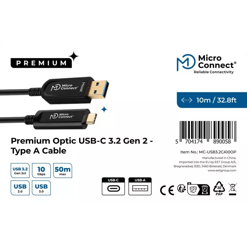 Microconnect MC-USB3.2CA10OP kabel USB USB 3.2 Gen 2 (3.1 Gen 2) 10 m USB A USB C Czarny