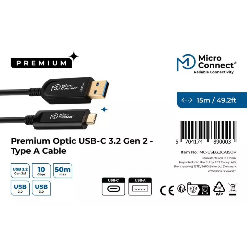 Microconnect MC-USB3.2CA15OP Kabel USB USB 3.2 Gen 2 (3.1 Gen 2) 15 m USB A USB C Czarny