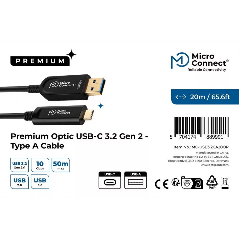 Microconnect MC-USB3.2CA20OP kabel USB 3.2 Gen 2 (3.1 Gen 2) 20 m USB A USB C Czarny