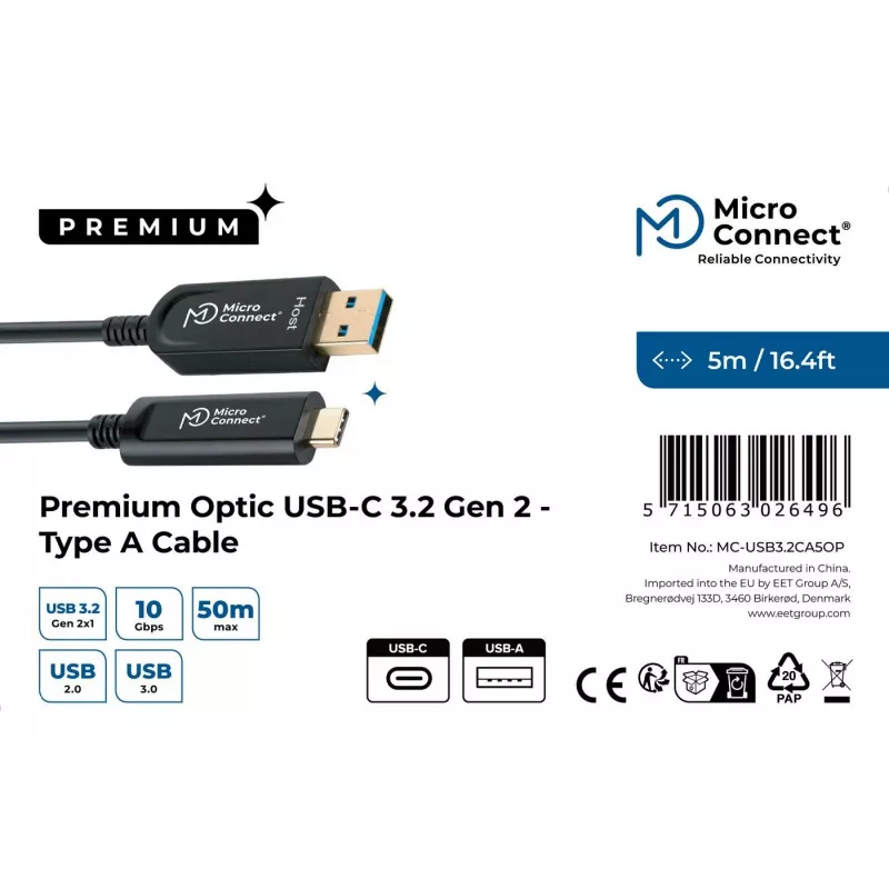 Microconnect MC-USB3.2CA5OP kabel USB USB 3.2 Gen 2 (3.1 Gen 2) 5 m USB A USB C Czarny