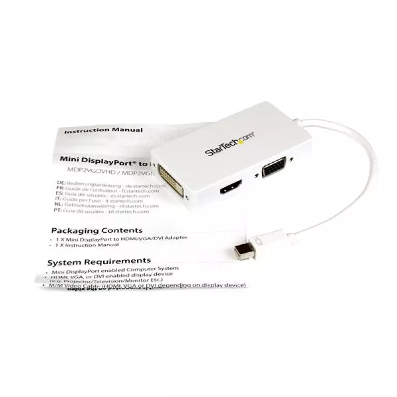 Travel A/V Adapter: 3-w-1 Mini DisplayPort do VGA, DVI lub HDMI - Biały