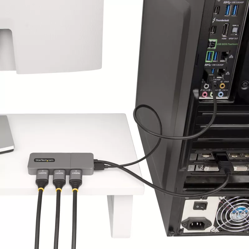 StarTech.com 3-portowy koncentrator MST - DisplayPort do 3x HDMI, trzy monitory 4K 60 Hz, adapter wideo DP 1.4 Multi-Monitor, 1 ft (30 cm) wbudowany kabel, zasilanie przez USB, tylko Windows