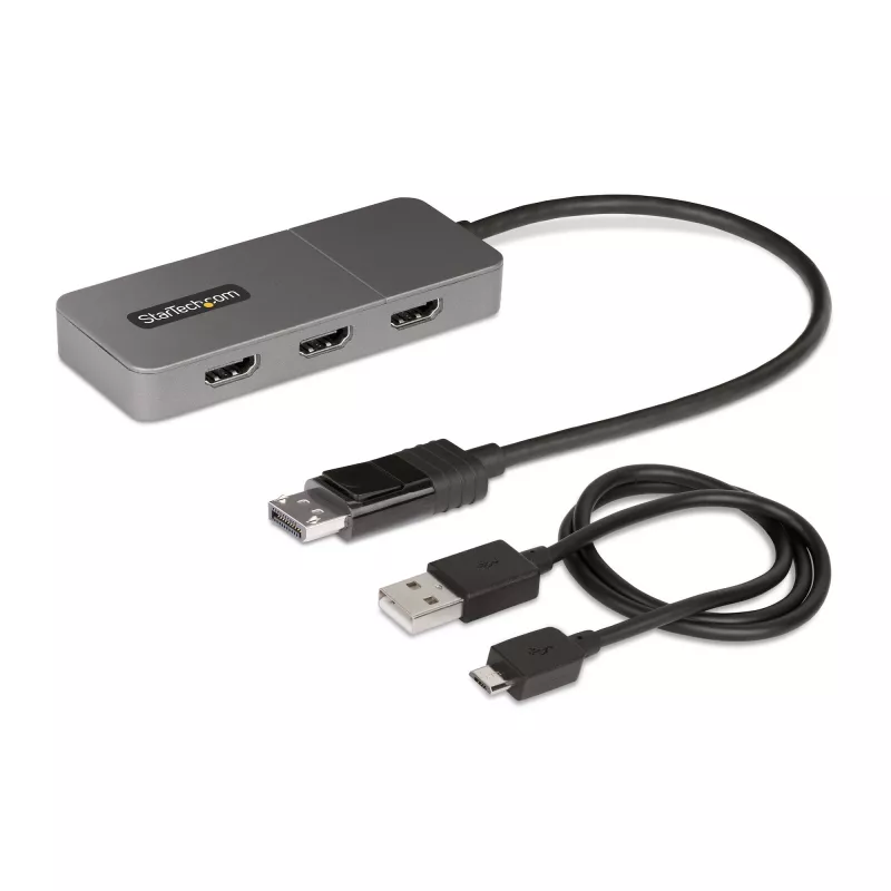 StarTech.com 3-portowy koncentrator MST - DisplayPort do 3x HDMI, trzy monitory 4K 60 Hz, adapter wideo DP 1.4 Multi-Monitor, 1 ft (30 cm) wbudowany kabel, zasilanie przez USB, tylko Windows