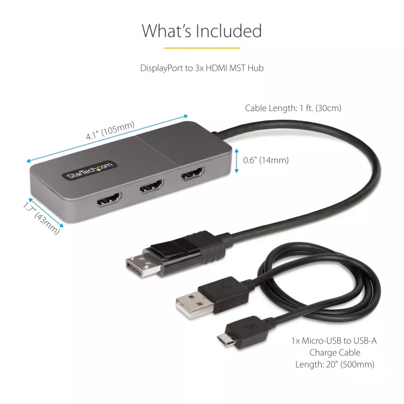 StarTech.com 3-portowy koncentrator MST - DisplayPort do 3x HDMI, trzy monitory 4K 60 Hz, adapter wideo DP 1.4 Multi-Monitor, 1 ft (30 cm) wbudowany kabel, zasilanie przez USB, tylko Windows