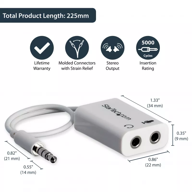 StarTech.com Biały adapter do zestawu słuchawkowego ze słuchawkami z oddzielnymi wtyczkami słuchawek/mikrofonu - 3,5 mm 4-pozycyjne na 2x 3-pozycyjne 3,5 mm M/F