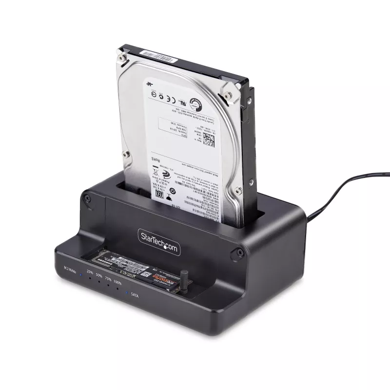 StarTech.com M.2 NVMe do SATA - Duplikator dysków 2.5/3.5 cala, dwukieszeniowy samodzielny kloner SSD/stacja dokująca, dwukierunkowy NVMe do SATA / SATA do NVMe, do 27 GB/min, TAA