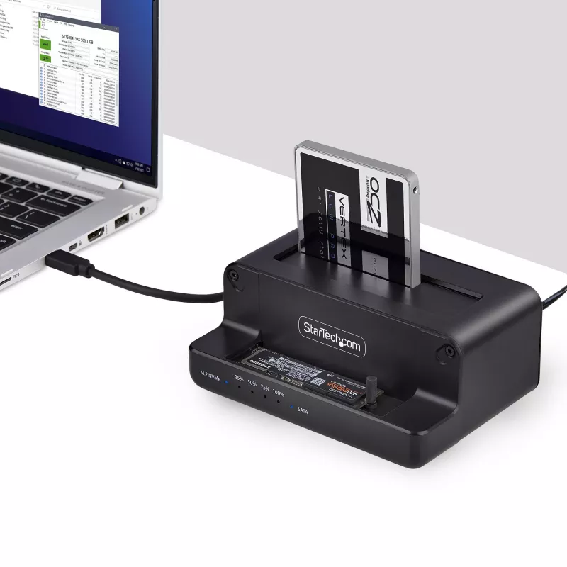 StarTech.com M.2 NVMe do SATA - Duplikator dysków 2.5/3.5 cala, dwukieszeniowy samodzielny kloner SSD/stacja dokująca, dwukierunkowy NVMe do SATA / SATA do NVMe, do 27 GB/min, TAA