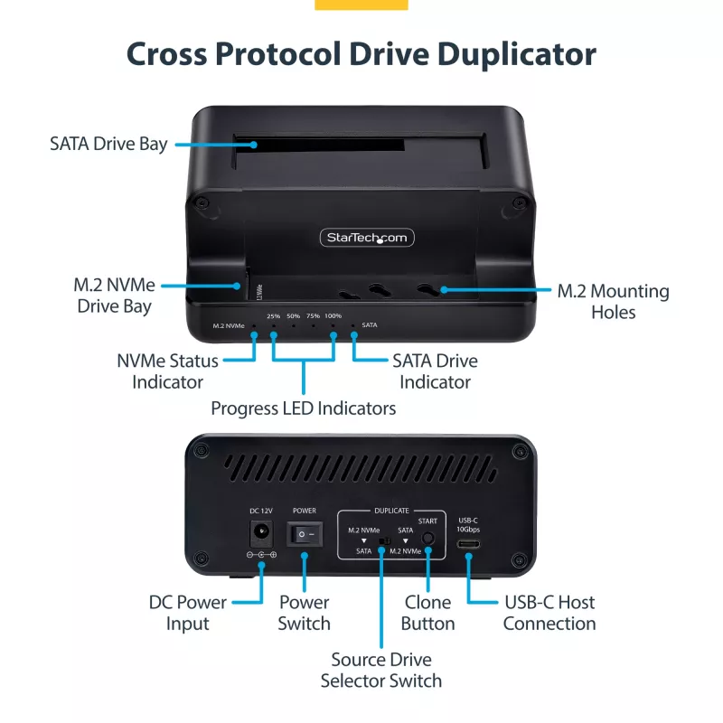 StarTech.com M.2 NVMe do SATA - Duplikator dysków 2.5/3.5 cala, dwukieszeniowy samodzielny kloner SSD/stacja dokująca, dwukierunkowy NVMe do SATA / SATA do NVMe, do 27 GB/min, TAA