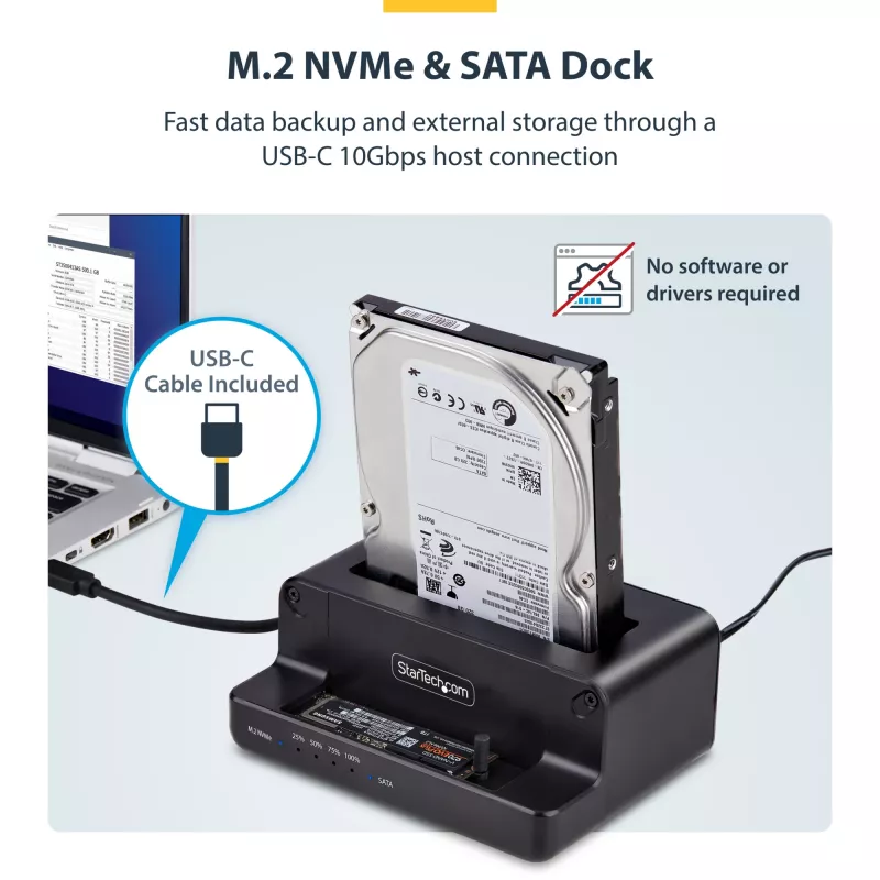StarTech.com M.2 NVMe do SATA - Duplikator dysków 2.5/3.5 cala, dwukieszeniowy samodzielny kloner SSD/stacja dokująca, dwukierunkowy NVMe do SATA / SATA do NVMe, do 27 GB/min, TAA