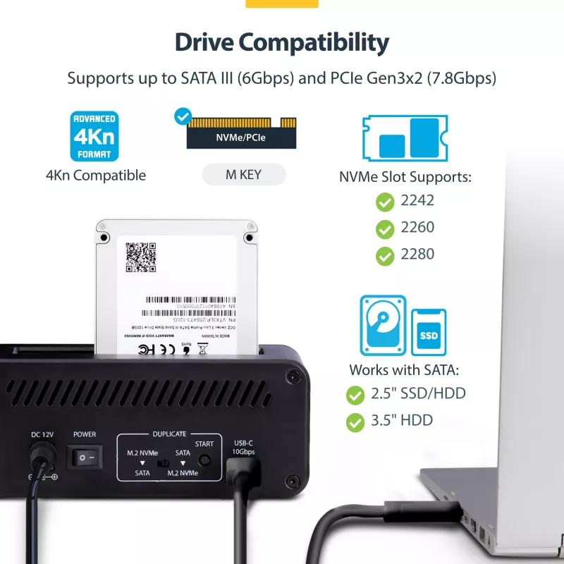 StarTech.com M.2 NVMe do SATA - Duplikator dysków 2.5/3.5 cala, dwukieszeniowy samodzielny kloner SSD/stacja dokująca, dwukierunkowy NVMe do SATA / SATA do NVMe, do 27 GB/min, TAA