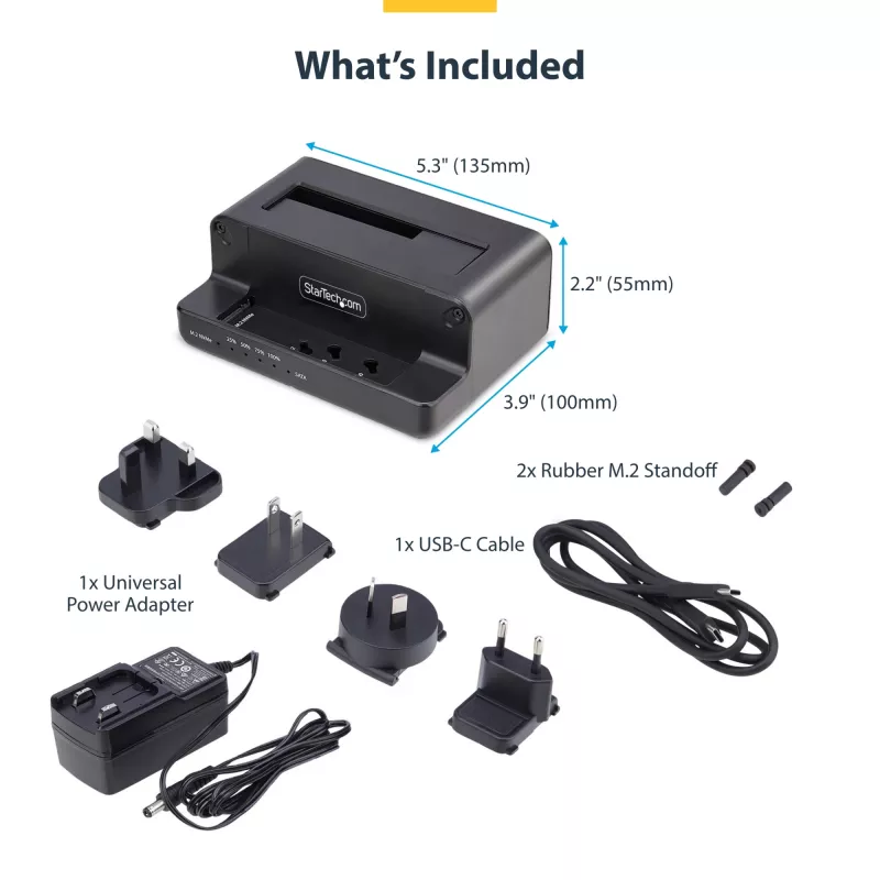 StarTech.com M.2 NVMe do SATA - Duplikator dysków 2.5/3.5 cala, dwukieszeniowy samodzielny kloner SSD/stacja dokująca, dwukierunkowy NVMe do SATA / SATA do NVMe, do 27 GB/min, TAA