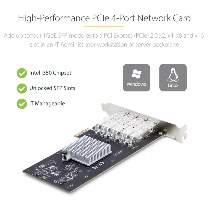 StarTech.com 4-Port GbE SFP sieciowy Card, PCIe 2.0 x2 (x4, x8, x16 Kompatybilny), Intel I350-AM4 4x 1GbE Controller, 1000BASE miedź/Fiber Optic, Desktop/Server Quad-Port Gigabit Ethernet NIC - Windows & Linux