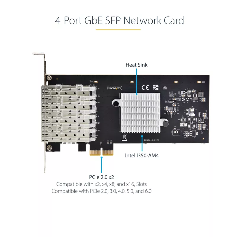StarTech.com 4-Port GbE SFP sieciowy Card, PCIe 2.0 x2 (x4, x8, x16 Kompatybilny), Intel I350-AM4 4x 1GbE Controller, 1000BASE miedź/Fiber Optic, Desktop/Server Quad-Port Gigabit Ethernet NIC - Windows & Linux