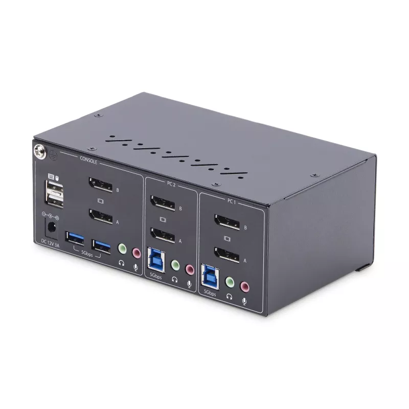StarTech.com 2-portowy przełącznik KVM DisplayPort z obsługą dwóch monitorów, 4K 60 Hz, 2 porty koncentratora USB 5 Gb/s, 2 porty HID USB 2.0, przełączanie klawiszami skrótu i przyciskiem, zgodny z TAA – ochrona ESD poziomu 3