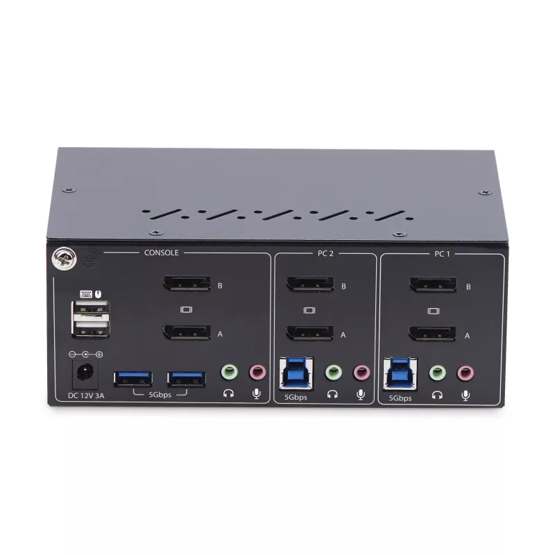 StarTech.com 2-portowy przełącznik KVM DisplayPort z obsługą dwóch monitorów, 4K 60 Hz, 2 porty koncentratora USB 5 Gb/s, 2 porty HID USB 2.0, przełączanie klawiszami skrótu i przyciskiem, zgodny z TAA – ochrona ESD poziomu 3