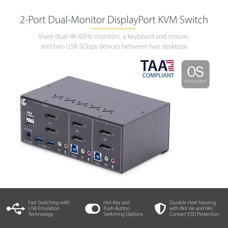 StarTech.com 2-portowy przełącznik KVM DisplayPort z obsługą dwóch monitorów, 4K 60 Hz, 2 porty koncentratora USB 5 Gb/s, 2 porty HID USB 2.0, przełączanie klawiszami skrótu i przyciskiem, zgodny z TAA – ochrona ESD poziomu 3