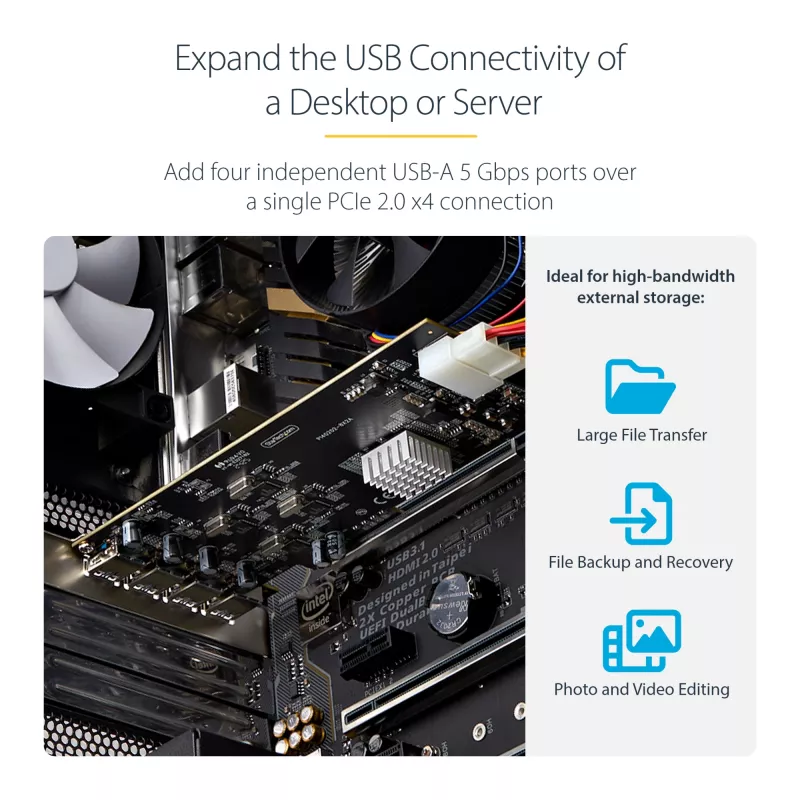 StarTech.com 4-Port USB PCIe Card, USB 3.2 5Gbps, Karta rozszerzeń PCI Express z 4 niezależnymi kontrolerami USB, 4 porty USB-A, Windows/macOS/Linux