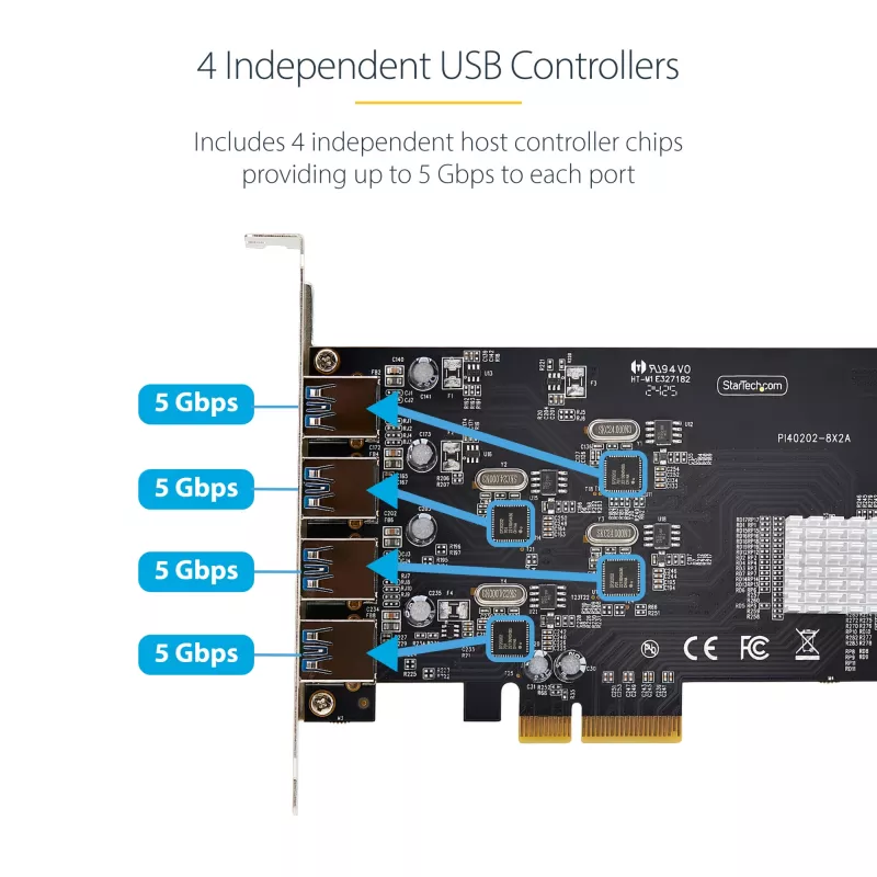 StarTech.com 4-Port USB PCIe Card, USB 3.2 5Gbps, Karta rozszerzeń PCI Express z 4 niezależnymi kontrolerami USB, 4 porty USB-A, Windows/macOS/Linux