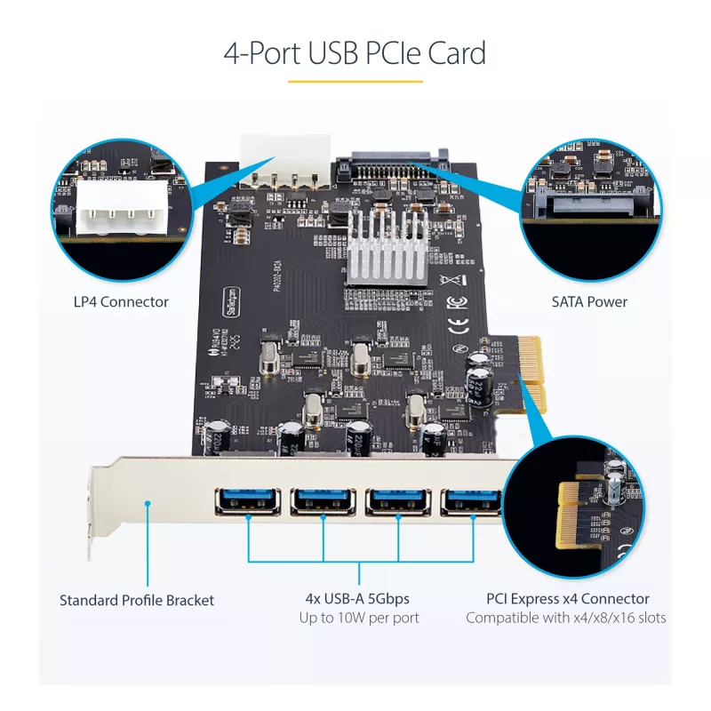 StarTech.com 4-Port USB PCIe Card, USB 3.2 5Gbps, Karta rozszerzeń PCI Express z 4 niezależnymi kontrolerami USB, 4 porty USB-A, Windows/macOS/Linux