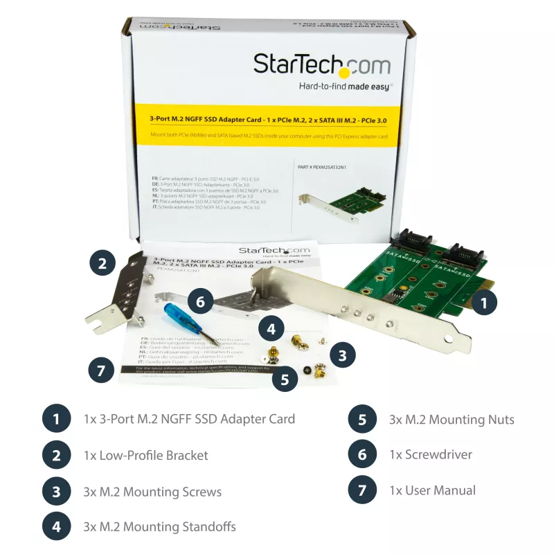 StarTech.com 3-portowa karta adaptera M.2 SSD (NGFF) - 1 x PCIe (NVMe) M.2, 2 x SATA III M.2 - PCIe 3.0