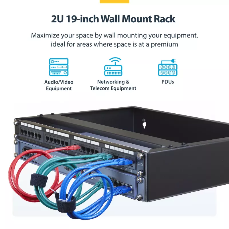 StarTech.com 2U Wall Mount sieciowy Rack - 14In. Deep (Low Profile) - 19 inch Uchwyt na panel krosowy do płytkiego serwera, sprzętu IT, przełączników sieciowych - 77lbs/35kg udźwig, czarny