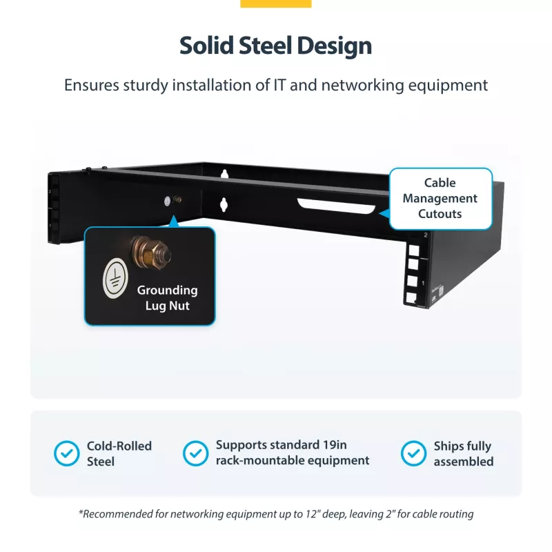 StarTech.com 2U Wall Mount sieciowy Rack - 14In. Deep (Low Profile) - 19 inch Uchwyt na panel krosowy do płytkiego serwera, sprzętu IT, przełączników sieciowych - 77lbs/35kg udźwig, czarny