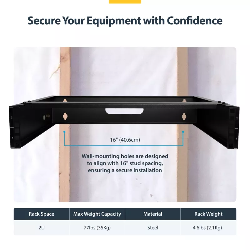 StarTech.com 2U Wall Mount sieciowy Rack - 14In. Deep (Low Profile) - 19 inch Uchwyt na panel krosowy do płytkiego serwera, sprzętu IT, przełączników sieciowych - 77lbs/35kg udźwig, czarny