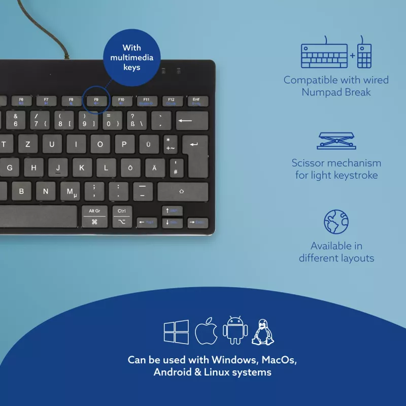 R-Go Tools Ergonomic keyboard R-Go Compact Break, kompaktowa klawiatura z oprogramowaniem Break, QWERTZ (DE), przewodowa, czarna