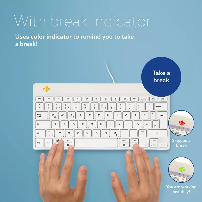 Ergonomiczna klawiatura R-Go Tools R-Go Compact Break, kompaktowa klawiatura z oprogramowaniem do przerw, QWERTZ (DE), przewodowa, biała