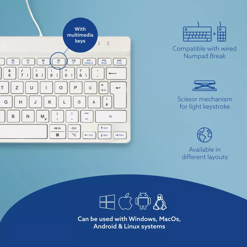 Ergonomiczna klawiatura R-Go Tools R-Go Compact Break, kompaktowa klawiatura z oprogramowaniem do przerw, QWERTZ (DE), przewodowa, biała