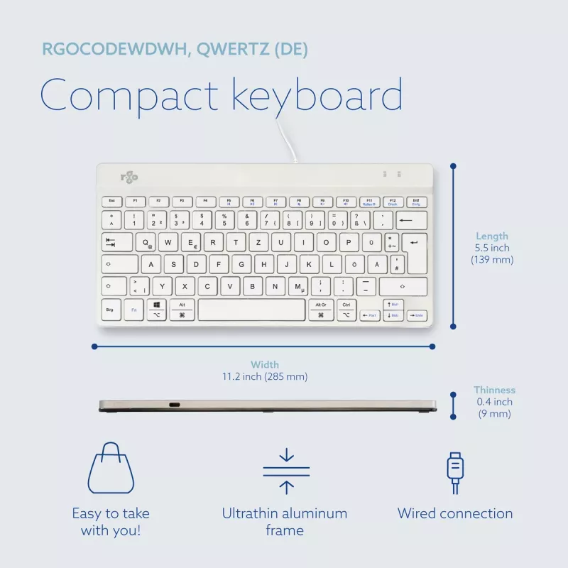 Ergonomiczna klawiatura R-Go Tools R-Go Compact Break, kompaktowa klawiatura z oprogramowaniem do przerw, QWERTZ (DE), przewodowa, biała