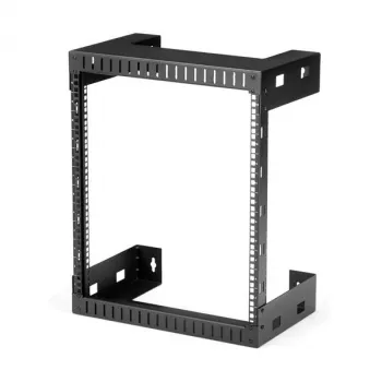 StarTech.com 12U 19-calowa ścienna szafa rack sieciowa – 12 cali głębokości, 2-słupkowa, otwarta rama do serwerowni, dla sprzętu danych/AV/IT/komputerowego/patch paneli, z nakrętkami klatkowymi i śrubami, udźwig 200 funtów, czarna (RK12WALLO)