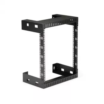 StarTech.com 12U 19-calowa ścienna szafa rack sieciowa – 12 cali głębokości, 2-słupkowa, otwarta rama do serwerowni, dla sprzętu danych/AV/IT/komputerowego/patch paneli, z nakrętkami klatkowymi i śrubami, udźwig 200 funtów, czarna (RK12WALLO)