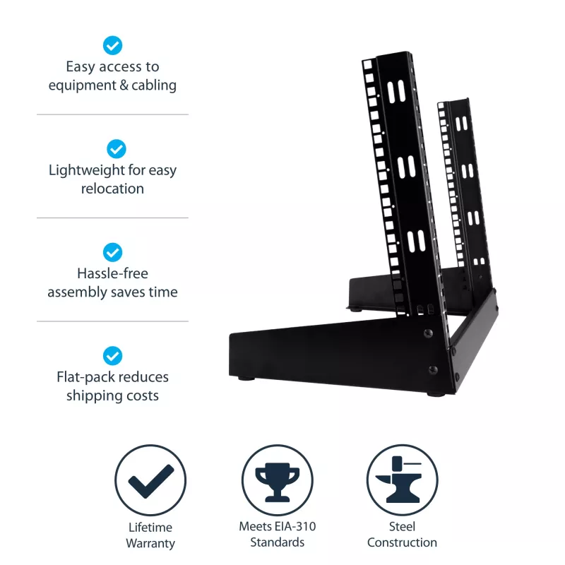 StarTech.com 2-słupkowy, 8U, biurkowy stelaż serwerowy, mała otwarta rama 19-calowa, kompaktowy stelaż sieciowy do sprzętu AV / studio / danych / IT - wolnostojący, dwusłupkowy stelaż domowy/biurowy