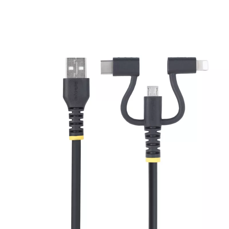 StarTech.com 1 m wytrzymały wielofunkcyjny kabel ładujący USB, USB na Lightning/Micro-USB/Type-C, certyfikat Apple MFi, osłona aramidowa, uniwersalny przewód ładujący 3 w 1 do iPhone/iPad/Android