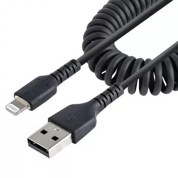 StarTech.com Kabel USB na Lightning 1 m (3 stopy), z certyfikatem MFi, kabel spiralny do iPhone’a, czarny, wytrzymała powłoka TPE z włóknem aramidowym, wytrzymały kabel spiralny Lightning
