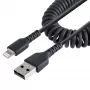 StarTech.com Kabel USB na Lightning 1 m (3 stopy), z certyfikatem MFi, kabel spiralny do iPhone’a, czarny, wytrzymała powłoka TPE z włóknem aramidowym, wytrzymały kabel spiralny Lightning