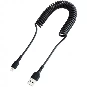StarTech.com Kabel USB na Lightning 1 m (3 stopy), z certyfikatem MFi, kabel spiralny do iPhone’a, czarny, wytrzymała powłoka TPE z włóknem aramidowym, wytrzymały kabel spiralny Lightning