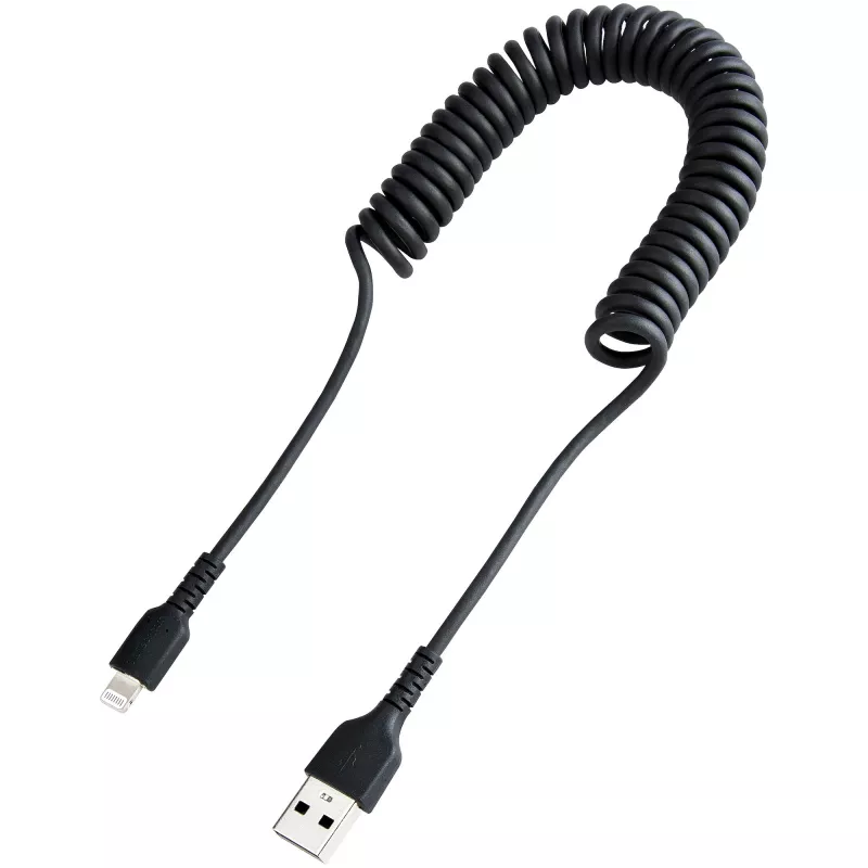 StarTech.com Kabel USB na Lightning 1 m (3 stopy), z certyfikatem MFi, kabel spiralny do iPhone’a, czarny, wytrzymała powłoka TPE z włóknem aramidowym, wytrzymały kabel spiralny Lightning