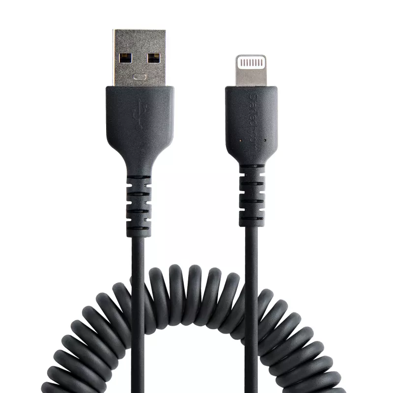 StarTech.com Kabel USB na Lightning 1 m (3 stopy), z certyfikatem MFi, kabel spiralny do iPhone’a, czarny, wytrzymała powłoka TPE z włóknem aramidowym, wytrzymały kabel spiralny Lightning