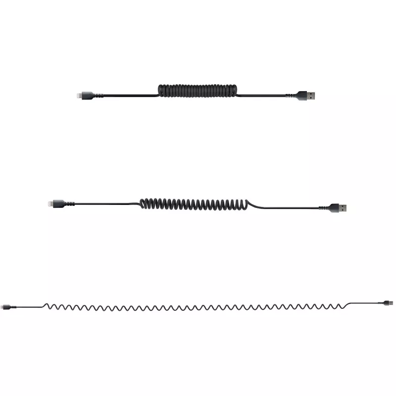 StarTech.com Kabel USB na Lightning 1 m (3 stopy), z certyfikatem MFi, kabel spiralny do iPhone’a, czarny, wytrzymała powłoka TPE z włóknem aramidowym, wytrzymały kabel spiralny Lightning