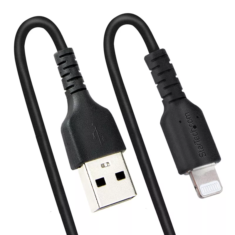 StarTech.com Kabel USB na Lightning 1 m (3 stopy), z certyfikatem MFi, kabel spiralny do iPhone’a, czarny, wytrzymała powłoka TPE z włóknem aramidowym, wytrzymały kabel spiralny Lightning