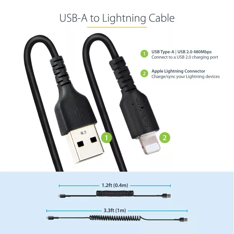 StarTech.com Kabel USB na Lightning 1 m (3 stopy), z certyfikatem MFi, kabel spiralny do iPhone’a, czarny, wytrzymała powłoka TPE z włóknem aramidowym, wytrzymały kabel spiralny Lightning