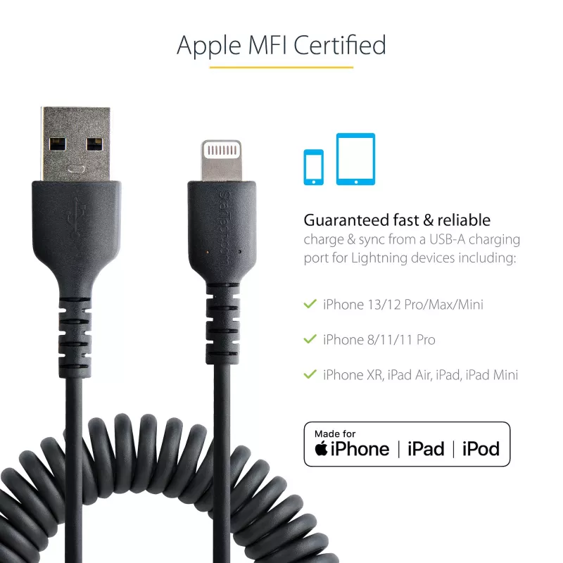 StarTech.com Kabel USB na Lightning 1 m (3 stopy), z certyfikatem MFi, kabel spiralny do iPhone’a, czarny, wytrzymała powłoka TPE z włóknem aramidowym, wytrzymały kabel spiralny Lightning