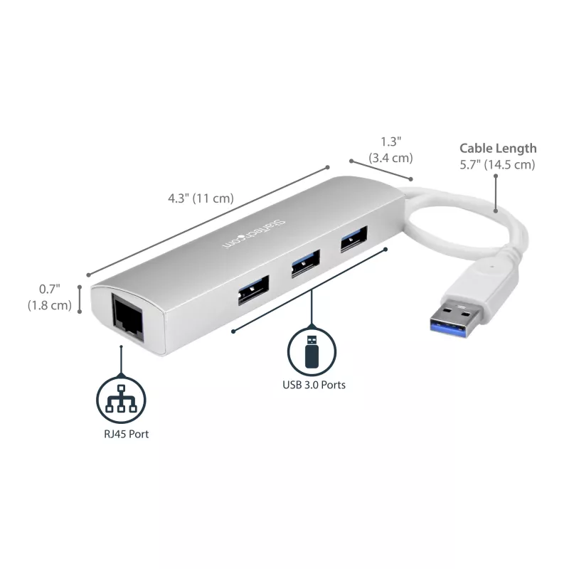 StarTech.com 3-Port Portable USB 3.0 Hub plus Gigabit Ethernet - Built-In kabel~3-Port Portable USB 3.0 Hub plus Gigabit Ethernet - 5Gbps - Built-In kabel
